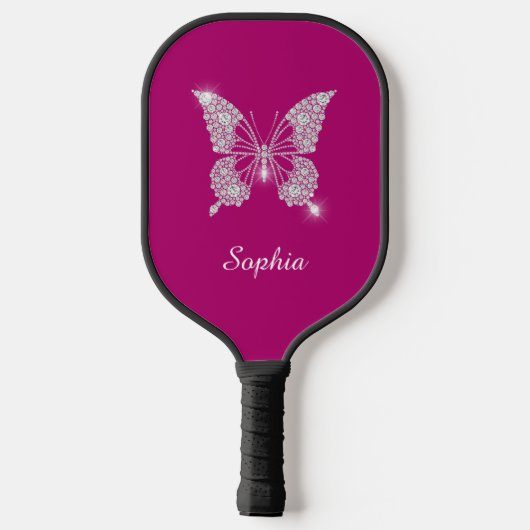 White Diamond Butterfly, Script Name, Deep Fuchsia Pickleball Schläger (Rückseite)
