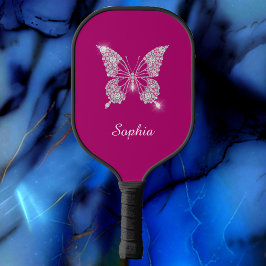 White Diamond Butterfly, Script Name, Deep Fuchsia Pickleball Schläger