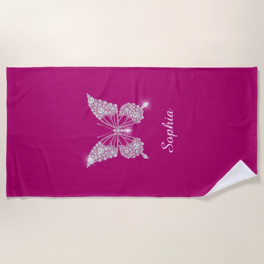 White Diamond Butterfly, Script Name, Deep Fuchsia Strandtuch (Vorderseite)