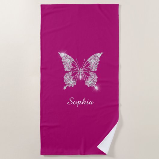 White Diamond Butterfly, Script Name, Deep Fuchsia Strandtuch (Vorderseite)
