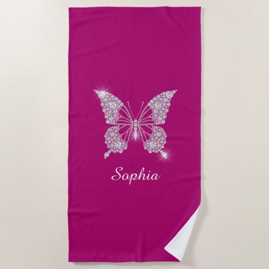 White Diamond Butterfly, Script Name, Deep Fuchsia Strandtuch (Vorderseite)