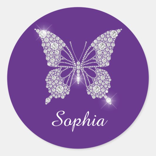 White Diamond Butterfly, Script Name, Royal Lila Runder Aufkleber (Vorderseite)