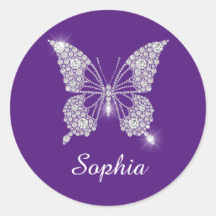 White Diamond Butterfly, Script Name, Royal Lila Runder Aufkleber