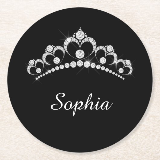 White Diamond Crown, DIY Script Name, Black Runder Pappuntersetzer (Vorderseite)