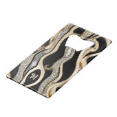 White diamonds and gold zebra stripes on black geldbeutel flaschenöffner (Vorderseite Schrägansicht)