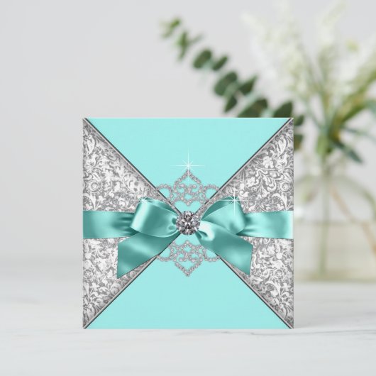 White Diamonds Aquamarin Blue Wedding Einladung (Stehend Vorderseite)