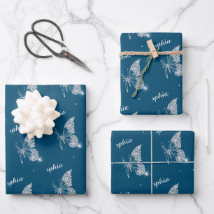 White Diamonds Butterfly Sparkle, Name, Ocean Blue Geschenkpapier Set