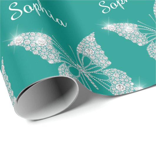 White Diamonds Butterfly Sparkle Script Name, Aqua Geschenkpapier (Rolleneckpunkt)