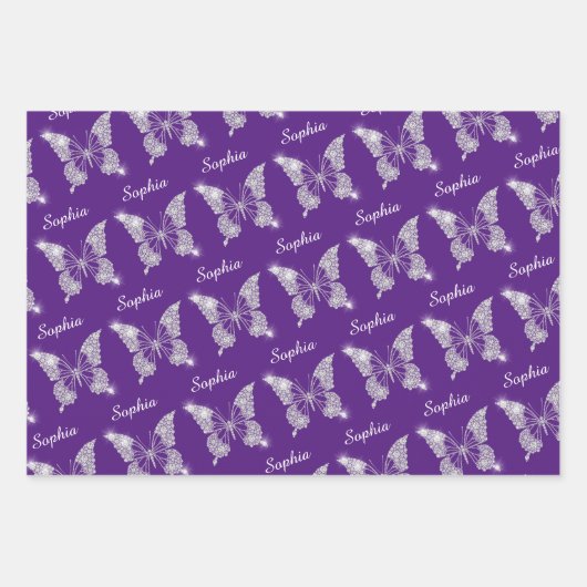 White Diamonds Butterfly Sparkone Name Royal Lila Geschenkpapier Set (Vorderseite 3)