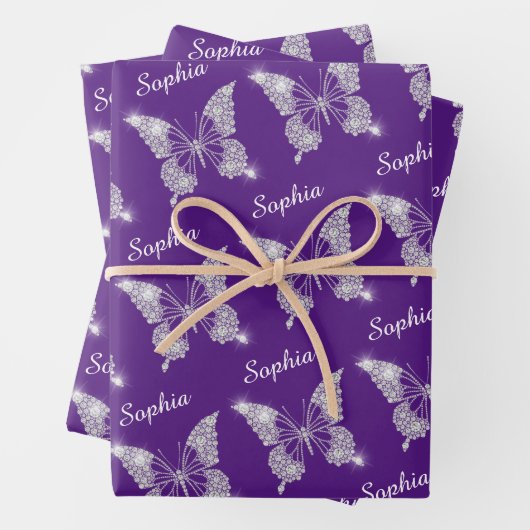 White Diamonds Butterfly Sparkone Name Royal Lila Geschenkpapier Set (Beispiel)