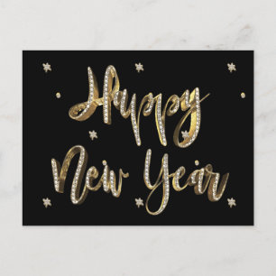 White Diamonds Gold Script Black Happy New Year Feiertagspostkarte