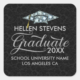 White Diamonds Grad Hat Graduate Typografie Quadratischer Aufkleber