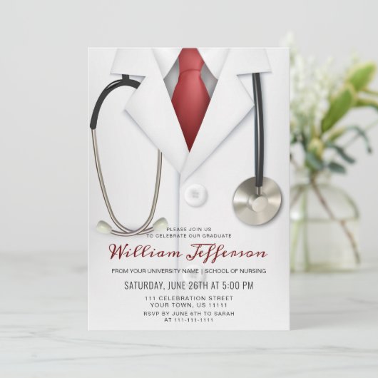 White Doctor Coat Modern Nursing School Abschluss Einladung (Stehend Vorderseite)