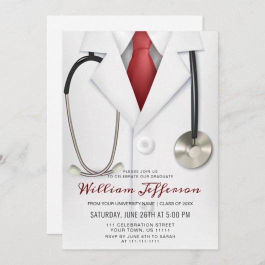 White Doctor Coat Modern Nursing School Abschluss Einladung (Vorne/Hinten)