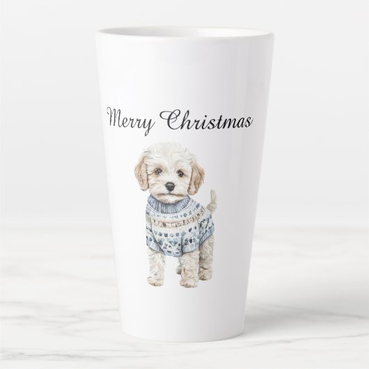 White Dog in Blue Sweater Weihnachten Milchtasse (Vorderseite)