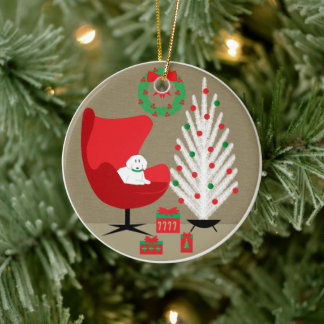 White Dog in Mid Century Christmas Room Keramik Ornament