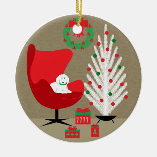 White Dog in Mid Century Christmas Room Keramik Ornament (Vorne)