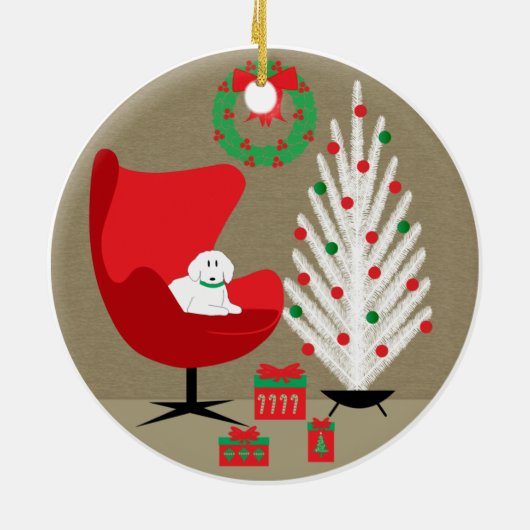 White Dog in Mid Century Christmas Room Keramik Ornament (Hinten)