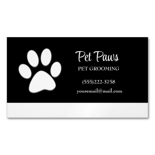 White Dog Paw auf Black Pet Grooming Service Busi Magnetische Visitenkarte (Vorderseite)