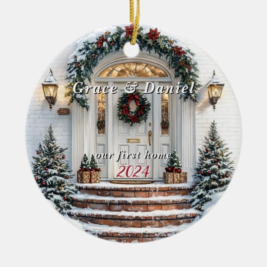White Door Wreath "unsere erste Zuhause" Keramik Ornament (Vorne)