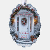 White Door Wreath "unsere erste Zuhause" Ornament Karte (Links)