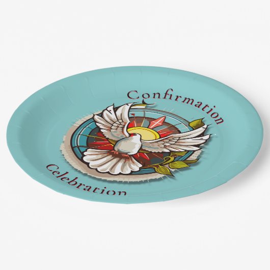 White Dove Aquamarin Blue Confirmation Feier Pappteller (Schrägansicht)