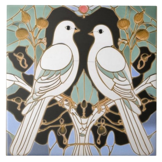 White Dove Birds Art Nouveau Doves Bird Art Deco Fliese (Vorderseite)