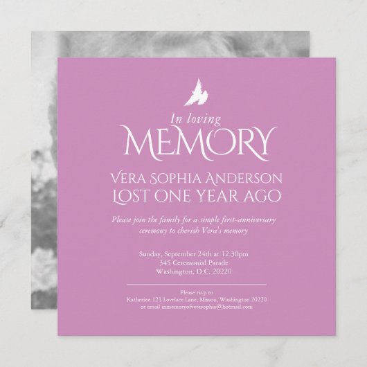 White Dove Foto zum Tode Jubiläum Einladung (Vorne/Hinten)