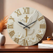 White dove golden cross religious faith Christian Große Wanduhr