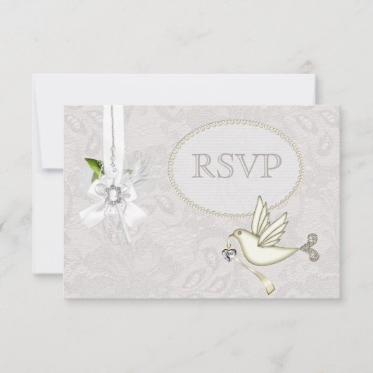 White Dove Paisley Lace & Cameo Bow UAWG Wedding RSVP Karte (Vorderseite)