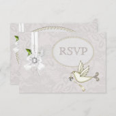 White Dove Paisley Lace & Cameo Bow UAWG Wedding RSVP Karte (Vorne/Hinten)