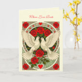 White Doves and Red Roses Art Nouveau Karte (Gelbe Blume)