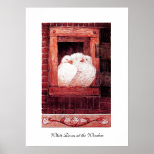 WHITE DOVES AT THE WINDOW, red pink Poster
