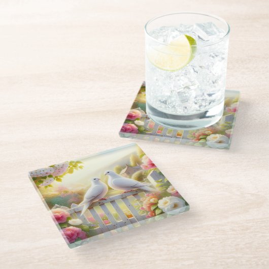 White Doves Cottage Garden Glasuntersetzer (Schrägansicht)