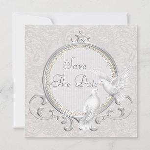 White Doves & Pearls Paisley Lace Save the Date