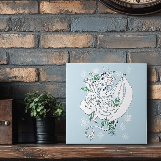 White Dragon Rose Schneeflocken Blau Fliese