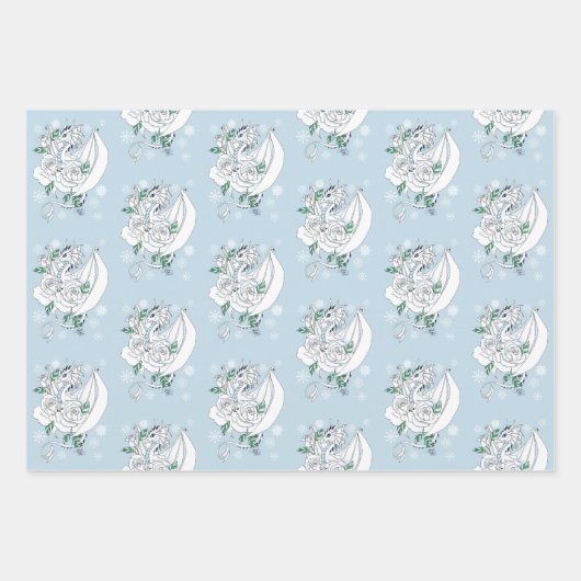 White Dragon Rose Schneeflocken Blau Geschenkpapier Set (Vorderseite 2)