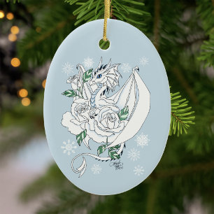 White Dragon Rose Schneeflocken Blau Keramik Ornament