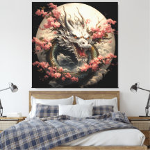 White Dragon & Sakura Moon Canvas Art