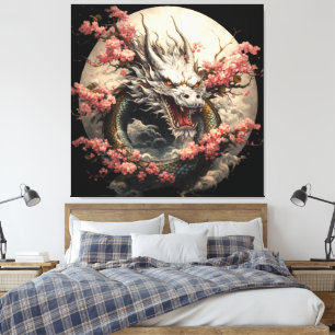 White Dragon & Sakura Moon Canvas Art Leinwanddruck