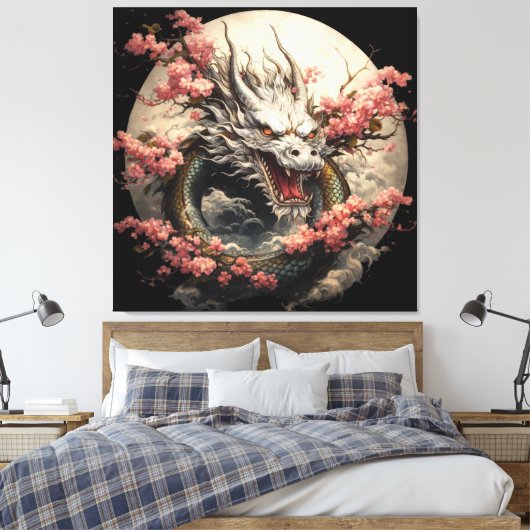 White Dragon & Sakura Moon Canvas Art Leinwanddruck (Insitu (Schlafzimmer))
