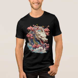 White Dragon with Blossoms Fantasy Art Tri-Blend Shirt