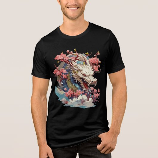 White Dragon with Blossoms Fantasy Art Tri-Blend Shirt (Vorderseite)