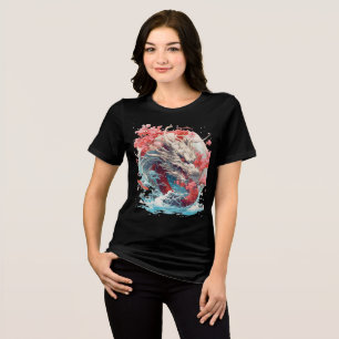 White Dragon with Waves and Sakura Tri-Blend Shirt