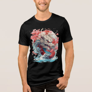 White Dragon with Waves and Sakura Tri-Blend Shirt