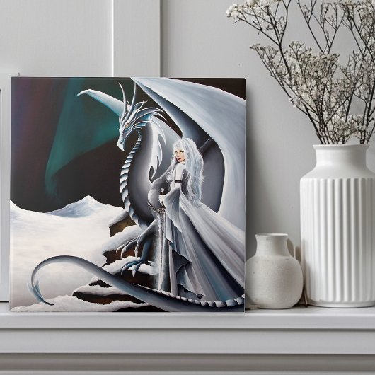 White Dragon Woman Fantasy Auroras Fliese