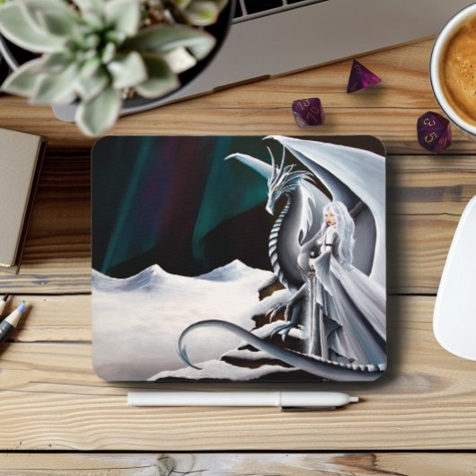 White Dragon Woman Fantasy Auroras Mousepad