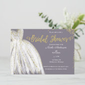 White Dress Gold Glitzer Lila Grau Brautparty Einladung (Stehend Vorderseite)