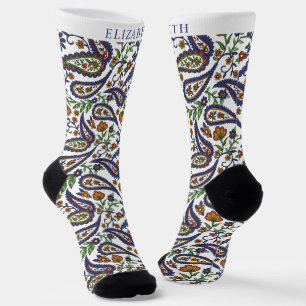 White Dunkle Navy Blue Green Paisley Muster Socken