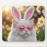 White Easter Cat with Bunny ears Mousepad<br><div class="desc">A fluffy white cat adorned with bunny ears and pink heart-shaped sunglasses sits serenely among blooming spring flowers in the sunlight</div>